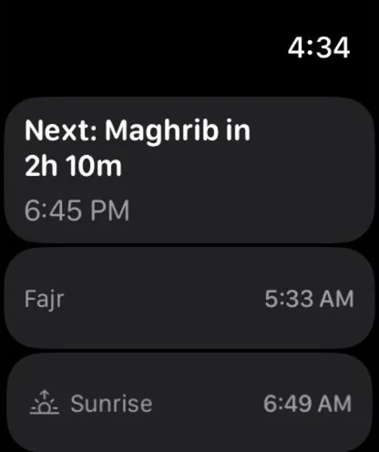 FiveTimes on Apple Watch showing the countdown to Maghrib above the daily prayer schedule