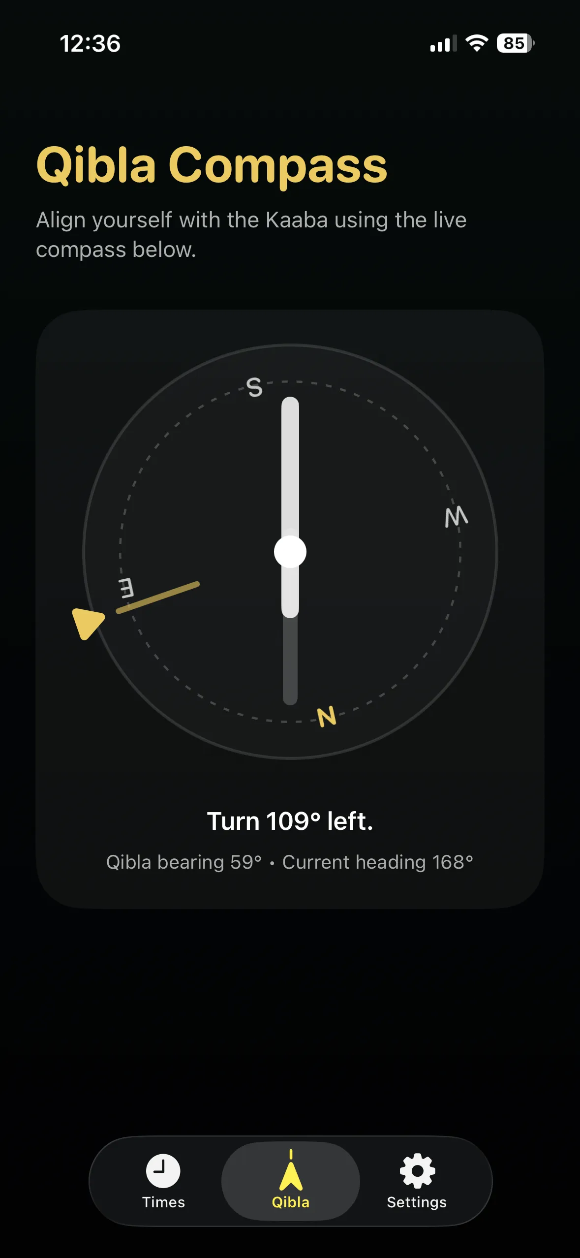 FiveTimes Qibla compass for Muslim prayer direction
