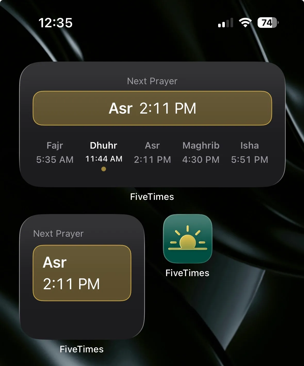 FiveTimes Home Screen widgets highlighting upcoming salah