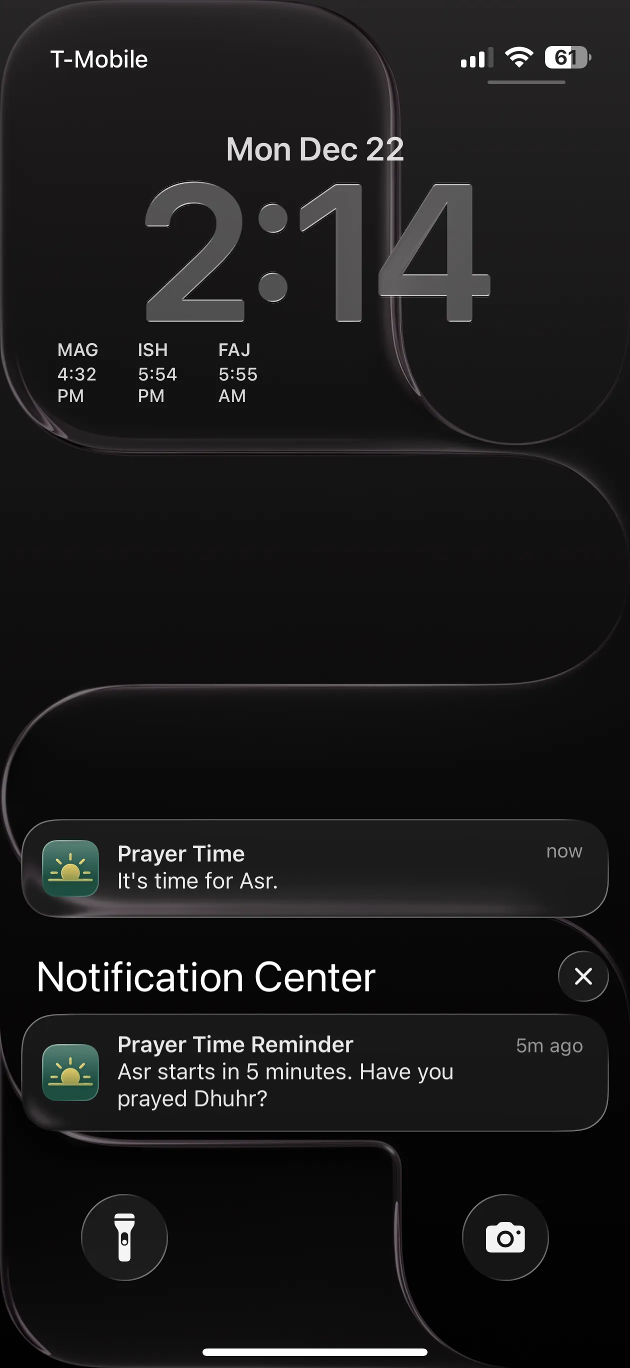 FiveTimes prayer time alert and advance reminder on the iPhone Lock Screen