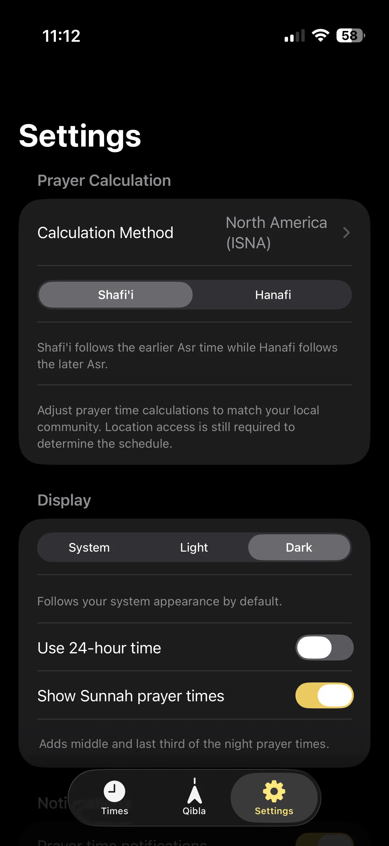 FiveTimes Settings showing Calculation Method set to North America (ISNA), with Shafi'i and Hanafi Asr options